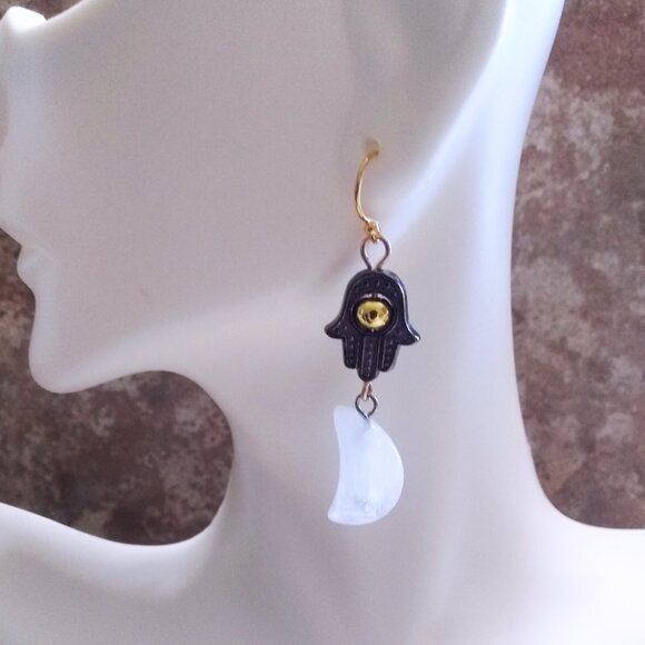 Luna Moon Goddess Earrings! Quartz Moons & Hamsa Hand - Protection & Blessings - Picture 7 of 14